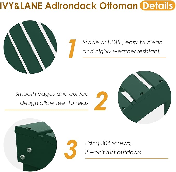 IVY&LANE Outdoor Adirondack Ottoman | Folding | HDPE | Forest Green | All Weather - Photo 5