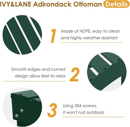 IVY&LANE Outdoor Adirondack Ottoman | Folding | Set of 2 | HDPE | Forest Green | All Weather | Waterproof Patio Footrest for Adirondack Chair | Poly Lumber Foot Rest for Deck Backyard