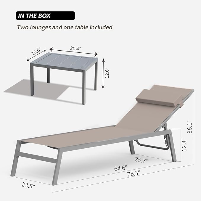 Domi Patio Chaise Lounge Set of 2 with Side Table, Aluminum Adjustable Pool Lounge Chairs - Photo 6