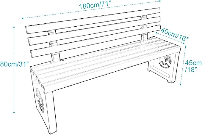 Outdoor Metal Garden Bench, Outdoor Benches Weatherproof with Backrest, Patio Bench for Outside Park, Picnic, Yard, Front Porch, Backyard(Blue,180cm/71in)