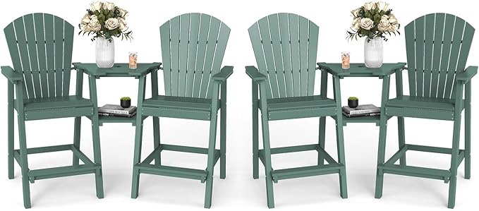 FOOWIN Tall Adirondack Chair Set of 4, All Weather HDPE Bar Height Adirondack Chair with Double Connecting Trays, Adirondack Barstools for Balcony, Deck, Backyard, Patio, Garden Dark Green