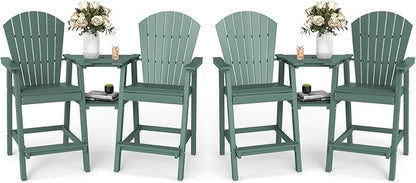 FOOWIN Tall Adirondack Chair Set of 4, All Weather HDPE Bar Height Adirondack Chair with Double Connecting Trays, Adirondack Barstools for Balcony, Deck, Backyard, Patio, Garden Dark Green