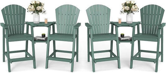 FOOWIN Tall Adirondack Chair Set of 4, All Weather HDPE Bar Height Adirondack Chair with Double Connecting Trays, Adirondack Barstools for Balcony, Deck, Backyard, Patio, Garden Dark Green