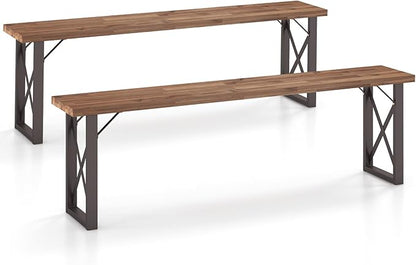 Tangkula 2 Pack Acacia Wood Outdoor Bench, 59 Inches Patio Bench with Metal Frame, 800 LBS Max Load, Backless Patio Benches for Outdoors, Porch, Garden Backyard, Park