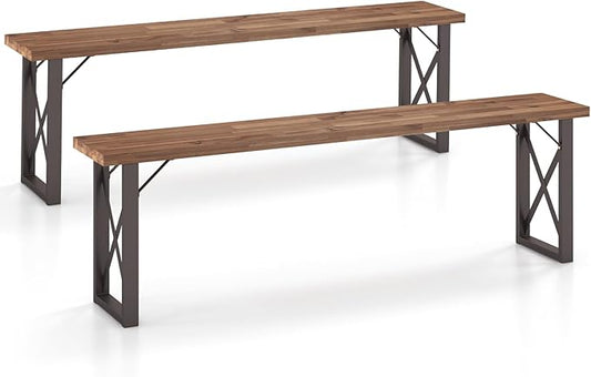 Tangkula 2 Pack Acacia Wood Outdoor Bench, 59 Inches Patio Bench with Metal Frame, 800 LBS Max Load, Backless Patio Benches for Outdoors, Porch, Garden Backyard, Park