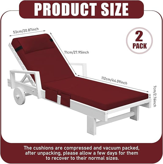 Tondiamo 2 Set Outdoor Chaise Lounge Cushions with Pillows and Storage, 72 x 21 x 3 Inch Outdoor Lounge Chair Seat Pads Outside Waterproof Chaise Cushion for Lawn Patio Furniture(Wine Red)