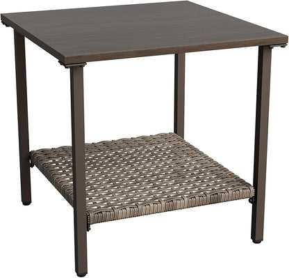 Vista Oasis Outdoor Steel Patio Table, Patio Side Table with Lower Storage, Outdoor Furniture for Balcony, Porch and Garden, Wood Grain Top