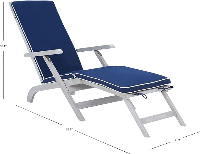 SAFAVIEH Outdoor Collection Palmdale Grey Solid Wood/Navy Cushion Chaise Lounge Chair (PAT7015B)