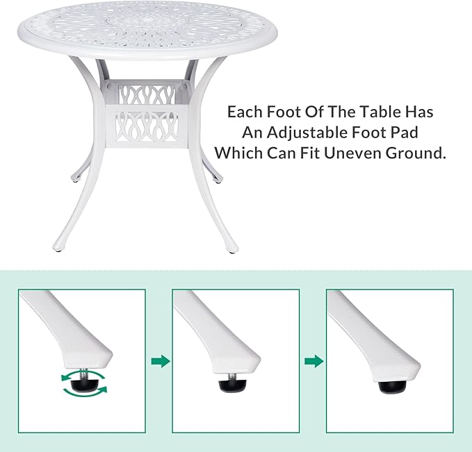 VIVIJASON 35.4" Outdoor Patio Dining Round Table White Cast Aluminum Rustic Large Patio Table with Umbrella Hole
