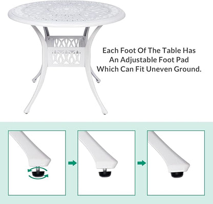 VIVIJASON 35.4" Outdoor Patio Dining Round Table White Cast Aluminum Rustic Large Patio Table with Umbrella Hole