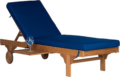 SAFAVIEH Outdoor Collection Newport Natural/ Navy Cushion Built-in Side Table Adjustable Chaise Lounge Chair
