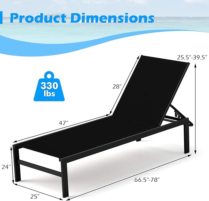 HAPPYGRILL Aluminum Chaise Lounge Chair, Heavy-Duty Patio Recliner W/ 6-Level Backrest & Breathable Fabric, Outdoor Lightweight Reclining Lounge Chair for Backyard, Poolside, Porch (1, Black)