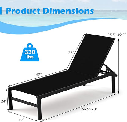 HAPPYGRILL Aluminum Chaise Lounge Chair, Heavy-Duty Patio Recliner W/ 6-Level Backrest & Breathable Fabric, Outdoor Lightweight Reclining Lounge Chair for Backyard, Poolside, Porch (2, Black)