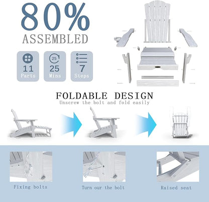 Adjustable Adirondack Chairs with Retractable Ottoman Set of 2, HDEP Folding Adirondack Chair with Footrest & Cup Holder, All Weather Fire Pit Chair for Outdoor,White