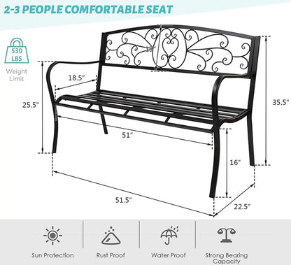 JOYBASE 50" Outdoor Bench, 2-3 People Seat, Metal Patio Bench, Cast Iron Bench, Porch Bench, Garden Bench, 530lbs Weight Capacity, Black