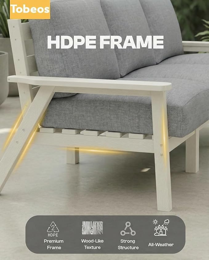 HDPE Patio Furniture Set 8 Seats, Outdoor Couch with Washable Thick Gray Cushions & Side Table, Outdoor Sectional Furniture for Backyard, Deck, Lawn, Porch (White Frame)