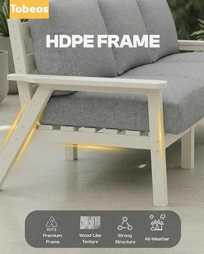 HDPE Patio Furniture Set 8 Seats, Outdoor Couch with Washable Thick Gray Cushions & Side Table, Outdoor Sectional Furniture for Backyard, Deck, Lawn, Porch (White Frame)