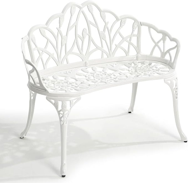HOMEFUN Outdoor Bench, Patio Garden Benches Metal Loveseat Cast-Aluminum Outside Furniture for Park Lawn Front Porch White