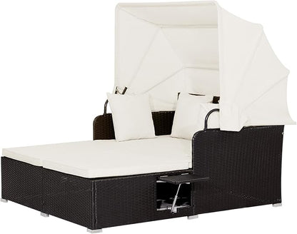 Moccha Outdoor Daybed with Retractable Canopy, Wicker Cabana with 2 Side Tables & Soft Cushions ,Hand-Woven PE Rattan Bed Lounger, Patio Sectional Furniture Set for Garden Backyard Porch (Off White)