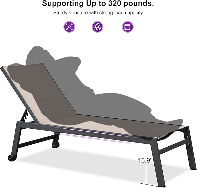 PURPLE LEAF 6-Piece Outdoor Chaise Lounge Oversized Pool Lounge Chairs with Easy-to-Move Wheels and Adjustable Backrest - Photo 7