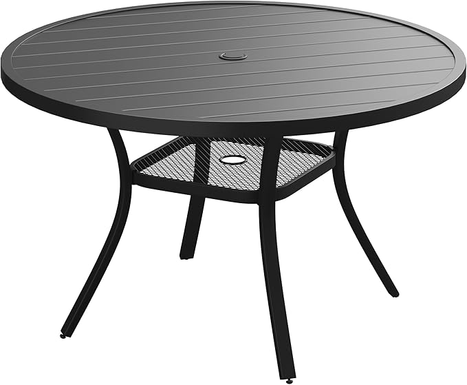Patio Dining Table for 4-6, Round Metal Outdoor Table with 1.57" Umbrella Hole, 47" Outdoor Slat Tabletop Dining Table for Backyard, Porch, Lawn, Black