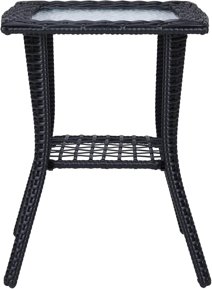 Henf Wicker Rattan Side Table Outdoor Square End Table Coffee Table with Glass Top, Patio Wicker Garden Side Table Small End Table with Storage for Patio Courtyard Balcony, Black-style B