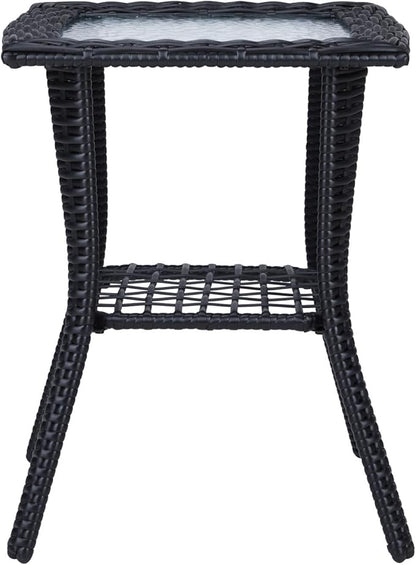 Henf Wicker Rattan Side Table Outdoor Square End Table Coffee Table with Glass Top, Patio Wicker Garden Side Table Small End Table with Storage for Patio Courtyard Balcony, Black-style B