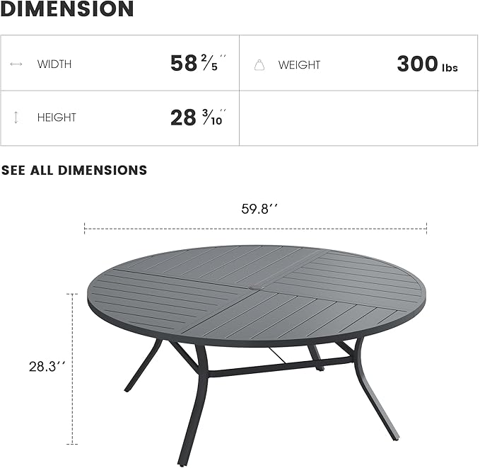 Patio Dining Table for 8-10, Round Metal Outdoor Table with Storage Shelf, 1.57" Umbrella Hole, 60" Outdoor Quartered Tabletop Dining Table for Backyard, Porch, Lawn, Dark Grey