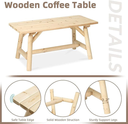 3-Piece Outdoor Wood Rocking Bistro Set, Rustic Wooden Conversation Set Including 2-Seater Loveseat, Log Rocker Chair and Coffee Table, Patio Furniture Chair Set for Lawn Yard Park, Natural