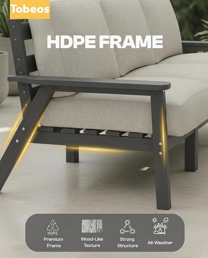 HDPE Patio Furniture Set 8 Seats, Outdoor Couch with Washable Thick Beige Cushions & Side Table, Outdoor Sectional Furniture for Backyard, Deck, Lawn, Porch (Gray Frame)
