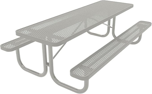 COATEDOUTDOORFURNITURE Heavy-Duty Portable Outdoor Picnic Table, Thermoplastic Coated Punched Steel Commercial-Grade Patio Furniture Made in America (8ft Rectangular, Grey with Grey Frames)