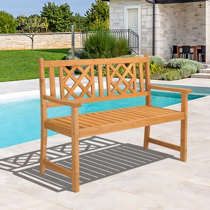 Outdoor Garden Wooden Bench with Fir Grid Back, Burlywood Patio Seat for Porch Deck Yard, Weather-Resistant Slatted Design with Armrests, Folding Structure for Comfort Lounging and Rustic Style Décor