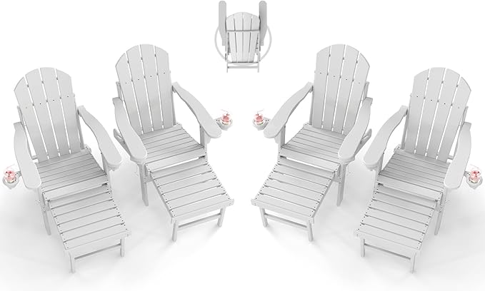 BRIOPAWS Adirondack-Chairs-with-Pull-Out-Footrest | Set of 4 | Folding | HDPE Plastic | Fire Pit Chair | All Weather | Cup Holders | Curved Back | Retractable Ottoman | for Poolside Deck | White