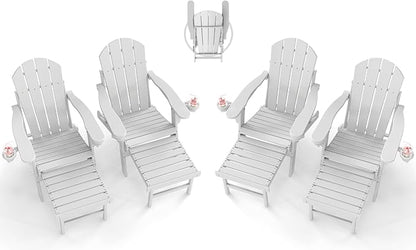 BRIOPAWS Adirondack-Chairs-with-Pull-Out-Footrest | Set of 4 | Folding | HDPE Plastic | Fire Pit Chair | All Weather | Cup Holders | Curved Back | Retractable Ottoman | for Poolside Deck | White