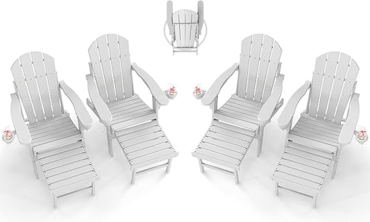 BRIOPAWS Adirondack-Chairs-with-Pull-Out-Footrest | Set of 4 | Folding | HDPE Plastic | Fire Pit Chair | All Weather | Cup Holders | Curved Back | Retractable Ottoman | for Poolside Deck | White