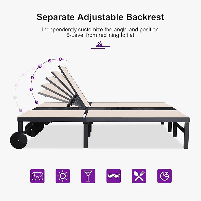 PURPLE LEAF Outdoor Double Chaise Lounge Modern Aluminum Lounge Chairs with Independently Adjustable Backrest Tanning Daybed Reclining Loveseat for Pool Beach Garden Patio Lounger Beige