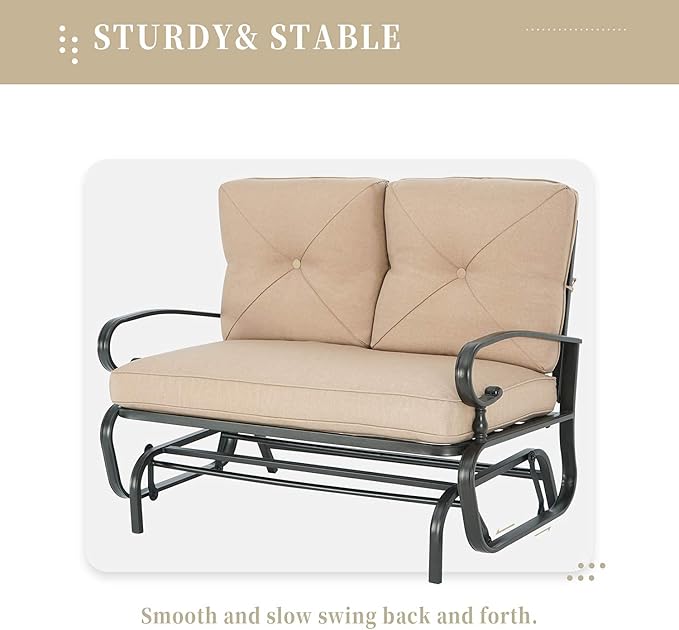 SUNCROWN Outdoor Swing Glider Chair, Patio 2 Seats Loveseat Rocking Chair with Cushions, Steel Frame Furniture - Brown - Photo 9