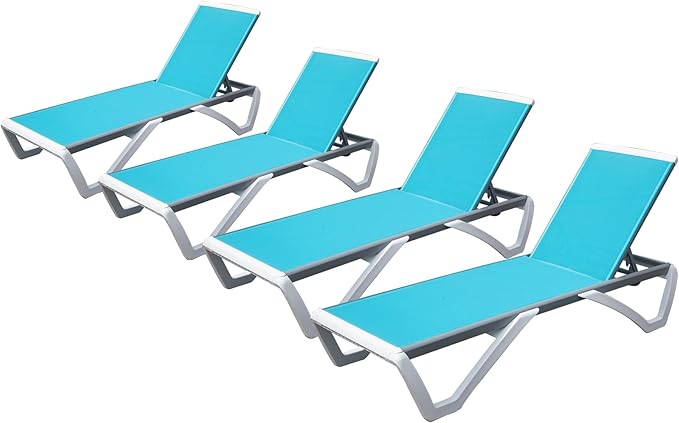 Domi Outdoor Lounge Chairs Set of 4, Aluminum Lounge Chairs for Outside with 5 Position Adjustable Backrest, Outdoor Chaise Lounge for Beach, Yard, Balcony, Poolside, Turquoise Blue