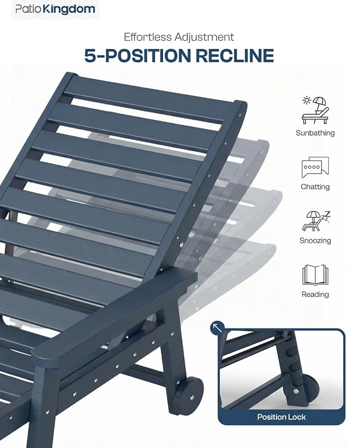 5-Position Adjustable Lounge Chair Outdoor Set of 6, HDPE Outdoor Chaise Lounge with Cup Holder & Wheels - Photo 2