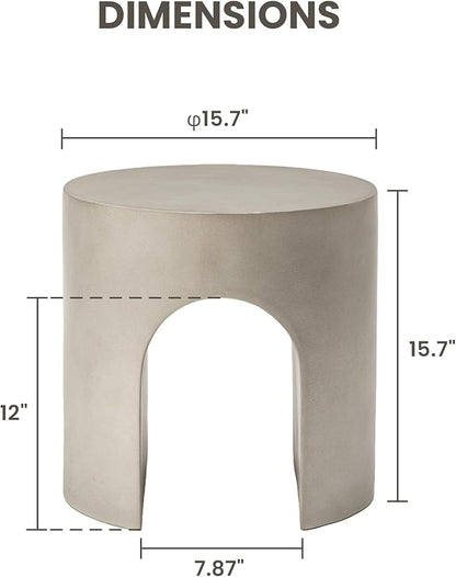 COSIEST Grey Outdoor Side Table, 15.7" Modern Concrete End Table with Arched Open for Patio, Small Round Outside Accent Table & Plant Stand for Garden, Porch, Deck, Balcony