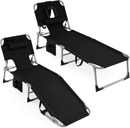 Giantex Face Down Tanning Chair, Folding Beach Lounge Chair w/ 4-Position Adjustable Backrest, Outdoor Sunbathing Lounge Chair w/Face Arm Holes & Storage Pocket for Patio Deck Poolside (2, Black)