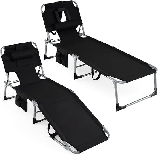 Giantex Face Down Tanning Chair, Folding Beach Lounge Chair w/ 4-Position Adjustable Backrest, Outdoor Sunbathing Lounge Chair w/Face Arm Holes & Storage Pocket for Patio Deck Poolside (2, Black)