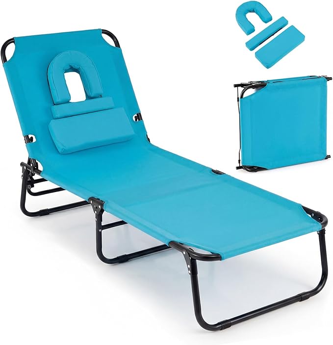 Giantex Folding Beach Tanning Chair - Adjustable Patio Lounge Chair w/Face Hole, Removable Pillows, Carry Strap, Layout Chair, Sunbathing Chaise Lounge Outdoor for Poolside Yard Lawn (1, Turquoise)