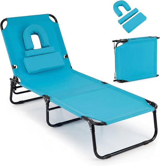 Giantex Folding Beach Tanning Chair - Adjustable Patio Lounge Chair w/Face Hole, Removable Pillows, Carry Strap, Layout Chair, Sunbathing Chaise Lounge Outdoor for Poolside Yard Lawn (1, Turquoise)