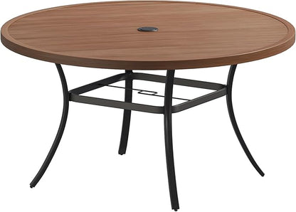 Patio Dining Table for 6-8, Round Metal Outdoor Table with 1.57" Umbrella Hole, 53" Outdoor Slat Tabletop Dining Table for Backyard, Porch, Lawn, Walnut