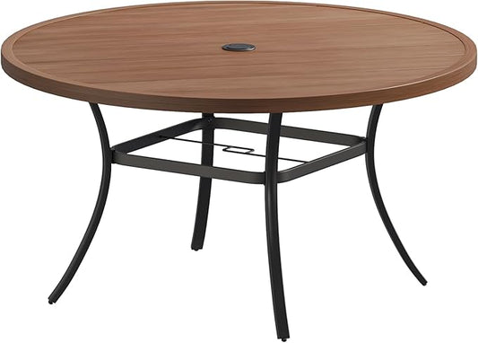 Patio Dining Table for 6-8, Round Metal Outdoor Table with 1.57" Umbrella Hole, 53" Outdoor Slat Tabletop Dining Table for Backyard, Porch, Lawn, Walnut