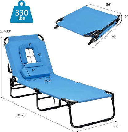 Folding Beach Lounge Chair w/ 5 Adjutable Backrest & Padded Pillow, Sunbathing Lounger Chair, Sun Tanning Lay Flat Chair for Seaside Pool Deck, Max Load 330 LBS, No Assembly Required (Blue)