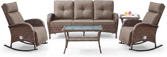 Belord Luxury 5 Piece Patio Furniture Set with Swivel Recliner Chair - Outdoor Recliner Chair with Adjustable Backrest & Footrest, Patio Conversation Set with Coffee Table for Pool Deck Garden Grey