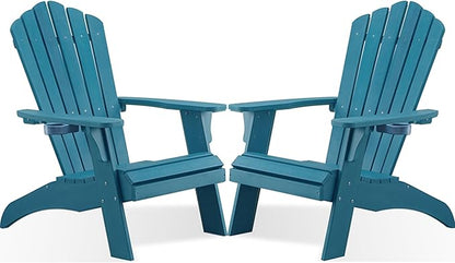 Psilvam Adirondack Chair, Oversized Poly Lumber Fire Pit Chair with Cup Holder, 350Lbs Support Patio Chairs for Garden, Weather Resistant Outdoors Seating, Relaxing Gift for Father & Mother(2, Blue)