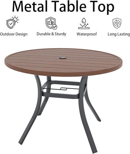 Round Outdoor Dining Table, 41-inch All-Weather Patio Table with Adjustable Umbrella Hole for Deck Lawn Garden Backyard Balcony Deck, Metal Frame Slatted Tabletop